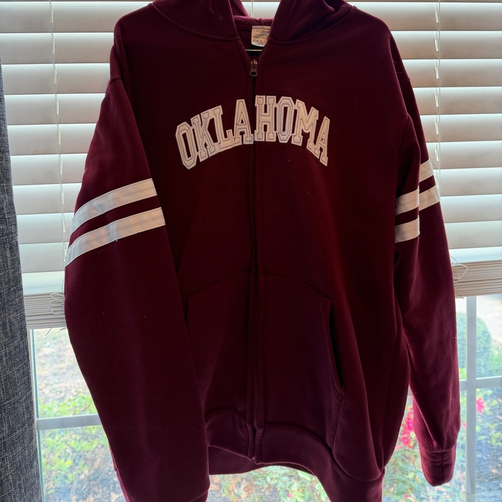 Oklahoma Maroon Zip-Up Hoodie with White Sleeve Stripes